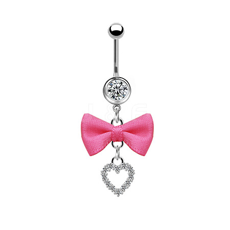 304 Stainless Steel Pave Cubic Zirconia with Cloth Bowknot Heart Dangle Belly Rings FS-WG03D58-05-1