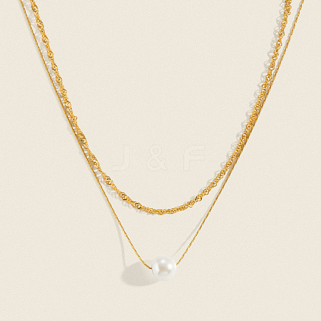 304 Stainless Steel Double Layer Necklaces with White Round Faux Pearl Pendants for Women KQ2558-1