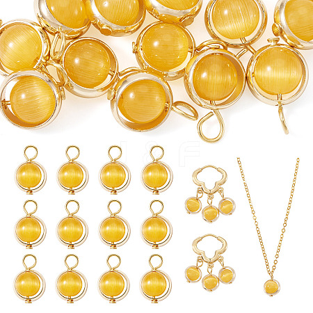 12Pcs Brass & Glass Imitation Cat Eye Round Charms PALLOY-TAC0237-02-1