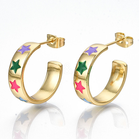 Brass Enamel Stud Earrings EJEW-T014-05G-NF-1