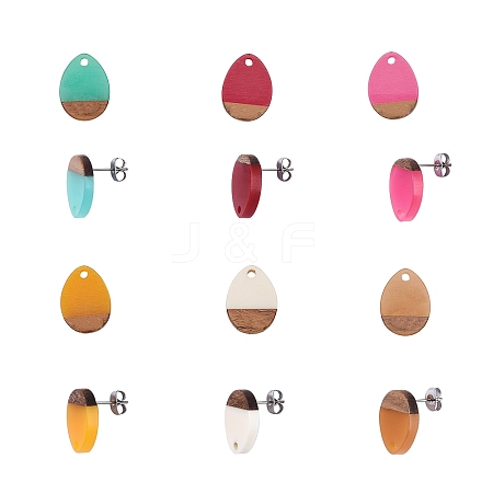 12 Pairs 6 Colors Resin & Walnut Wood Stud Earring Findings MAK-CJ0001-08-1