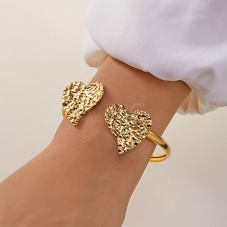 Textured 304 Stainless Steel Heart Cuff Bangles for Women BJEW-A154-01A-G-1