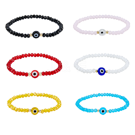 FIBLOOM 6Pcs 6 Colors Acrylic Evil Eye & Glass Beaded Stretch Bracelets Set BJEW-FI0001-22-1