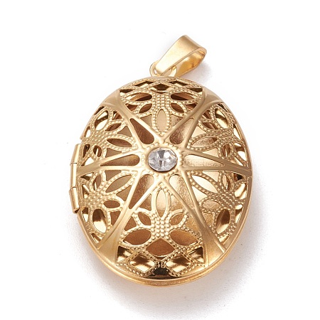 304 Stainless Steel Rhinestone Locket Pendants STAS-K197-10G-1