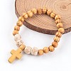 Cross Wood Beaded Stretch Charm Bracelets BJEW-JB02220-1