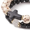 2Pcs 2 Style Natural & Synthetic Mixed Stone Cross Stretch Bracelet Sets with Wood Beaded for Women BJEW-JB08344-5