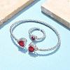 Heart Brass Micro Pave Cubic Zirconia Cuff Bangles & Rings Sets for Women SJEW-R002-05P-05-1