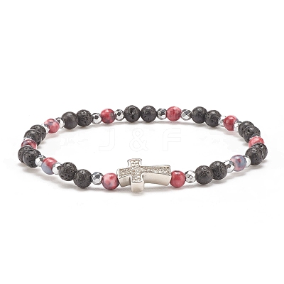 Natural & Synthetic Mixed Gemstone Beaded Stretch Bracelet with Clear Cubic Zirconia Cross for Women BJEW-JB08247-01-1