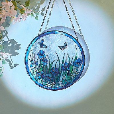 Flat Round with Butterfly Glass Hanging Suncatcher HJEW-WH0036-121-1