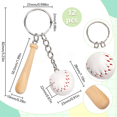 12Pcs Mini Baseball PU Leather Pendant Keychain with Wood Baseball Bat DIY-SP0001-51A-1