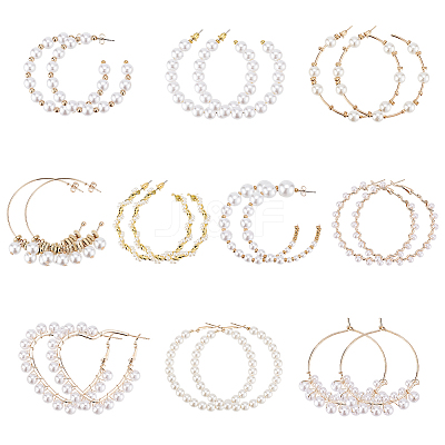 10 Pairs 10 Style Plastic & Resin Imitation Pearl Beaded Hoop Earrings Set EJEW-AN0003-45-1
