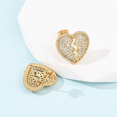 Broken Heart Brass Micro Pave Cubic Zirconia Stud Earrings EJEW-B153-19G-03-1