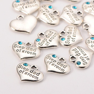 Wedding Theme Antique Silver Tone Tibetan Style Alloy Heart with Step Dad of Groom Rhinestone Charms LS-TIBEP-N005-23A-1