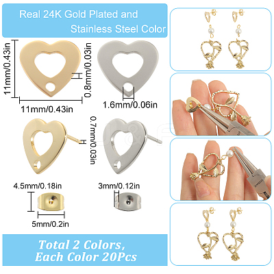 40Pcs 2 Color 201 Stainless Steel Heart Stud Earring Findings STAS-SC0005-30-1