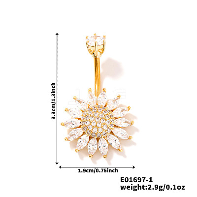 Chic Flower Brass Full Crystal Rhinestone Curved Barbell Belly Button Rings with Shiny Delicate Design YW9589-1-1
