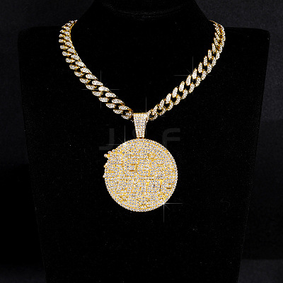 Hip-Hop Alloy Full Crystal Rhinestone Self Made Medal Pendant Cuban Link Chain Necklaces for Men Women FS-WG8D003-05-1