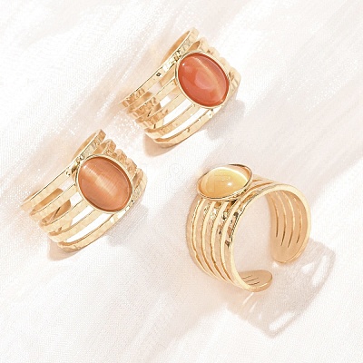 304 Stainless Steel with Glass Cat Eye Cuff Rings for Women RJEW-K309-40F-1