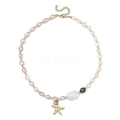 Ocean 304 Stainless Steel Starfish Pendant Natural Pearl Beaded Necklaces for Women NJEW-JN06310-1