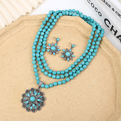 Flower Synthetic Turquoise with Alloy Pendant Necklaces & Stud Dangle Earrings Sets WG550B3-01-1
