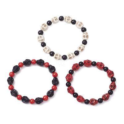 3Pcs 3 Colors Synthetic Turquoise Beaded Stretch Bracelets BJEW-JB12093-1