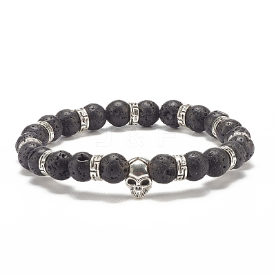 Natural Lava Rock Round Beaded Stretch Bracelet with Alloy Skull BJEW-JB07865-01-1