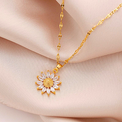 Sunflower 304 Stainless Steel Clear Cubic Zirconia Pendant Necklaces for Women FS-WG5C110-01-1
