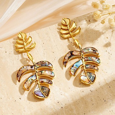 304 Stainless Steel & Shell Stud Earrings for Women EJEW-Z065-02G-02-1