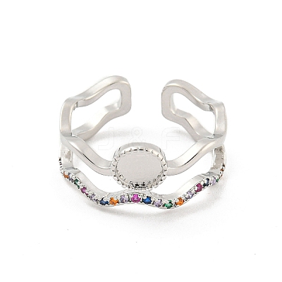 Flat Round Brass Micro Pave Colourful Cubic Zirconia Open Cuff Rings RJEW-G309-35P-1
