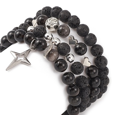 4Pcs 4 Style Natural Silver Obsidian & Lava Rock Stretch Bracelets Set BJEW-JB09480-1