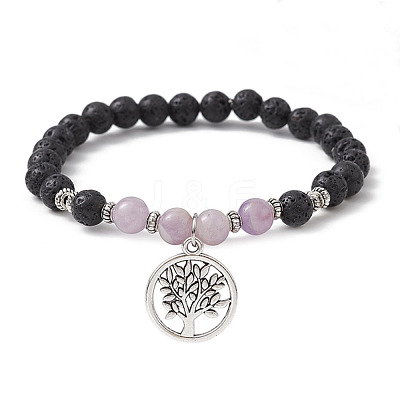 Natural Lava Rock & Natural Lavender Amethyst Gemstone Round Beaded Stretch Bracelet BJEW-JB09767-05-1