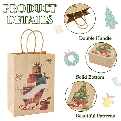 8Pcs 8 Styles Christmas Theme Printed Kraft Paper Bags with Handles ABAG-TA0001-59-1