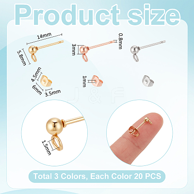 60Pcs 3 Color 304 Stainless Steel Ball Stud Earring Post with Loop FIND-UN0001-14-1