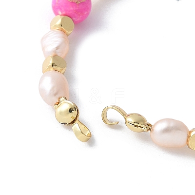 Brass & Natural Pearl and Dyed Hot Pink Imperial Jasper Round Beaded Bracelet Making KK-F892-22G-1