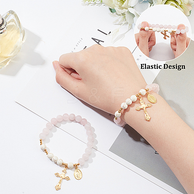 Natural Rose Quartz & Synthetic Turquoise Round Beaded Stretch Bracelet BJEW-PH01531-01-1