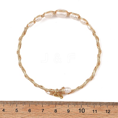 Natural Cultured Freshwater Pearl Rice Graduated Beaded Wire Wrapped Brass Cuff Bangles for Women BJEW-JB14302-1