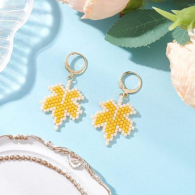 304 Stainless Steel Glass Seed Beads Leaf Leverback Earrings EJEW-MZ00536-01-1