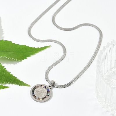 201 Stainless Steel Flat Round Pendant Flat Snake Chain Necklaces for Men NJEW-S387-04P-1