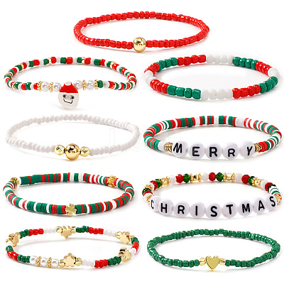 9Pcs Christmas Acrylic & Polymer Clay & Glass Beads Stretch Bracelets QX4351-7-1