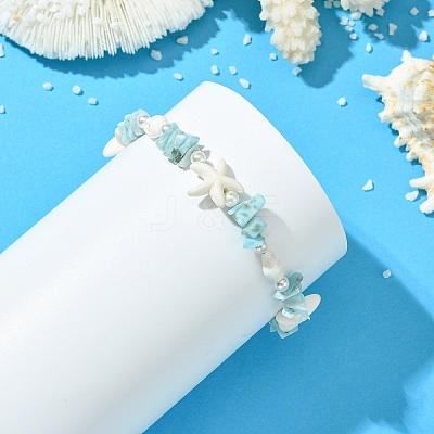 Shell Pearl & Synthetic Turquoise & Natural Larimar Beaded Bracelets for Women BJEW-JB14111-1