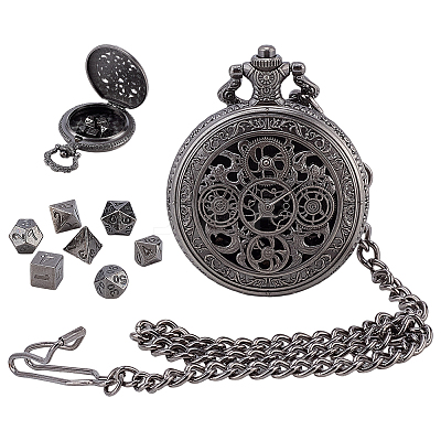 Vintage Alloy Flat Round Hollow Pocket Watch with Brass Curb Chain AJEW-PH0007-68B-1