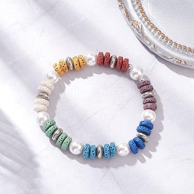 Natural Lava Rock & Shell Pearl Beaded Stretch Bracelets for Women BJEW-JB12139-1