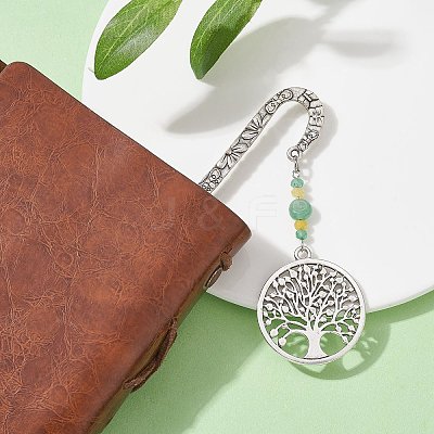 Natural Malaysia Jade & Green Aventurine Beaded Pendant Bookmarks with Alloy Tree of Life AJEW-JK00255-04-1