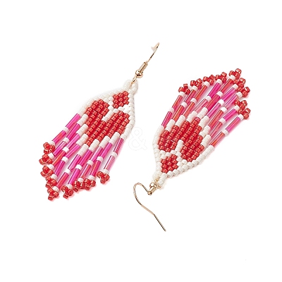 2 Pairs Heart Glass Seed Beaded Tassel Dangle Earrings for Women EJEW-MZ00201-1