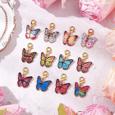 12Pcs 12 Colors Butterfly Alloy Enamel Pendant Decorations HJEW-JM02852-1