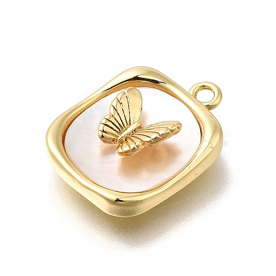 Brass Pave Natural White Shell Pendants KK-U061-07G-1