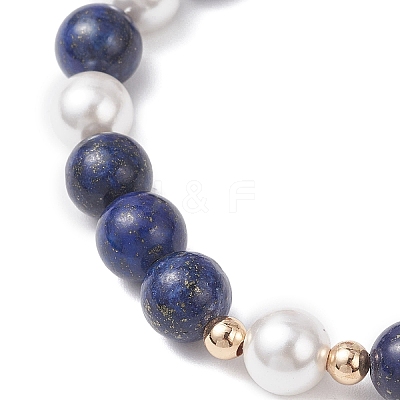 Natural Lapis Lazuli & Synthetic Moonstone & Shell Pearl Round Beaded Stretch Bracelets for Women BJEW-JB12548-1