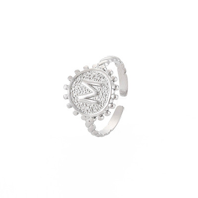 Non-Tarnish 304 Stainless Steel Flat Round with Initial Letter Open Cuff Ring for Men Women RJEW-S405-246P-M-1