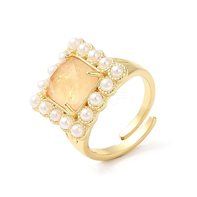 Ion Plating(IP) Natural Mixed Gemstone Square Adjustable Ring with Plastic Pearl Beaded RJEW-E075-04G-1