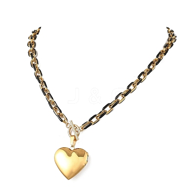 304 Stainless Steel Enamel Photo Heart Locket Pendant Cable Chain Necklaces with OT Clasps for Women Men NJEW-JN06005-1