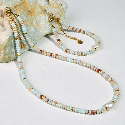 Natural Shoushan Stone & Freshwater Pearl & Brass Rondelle Beaded Necklaces & Beaded Bracelets Sets WG98AF4-01-1